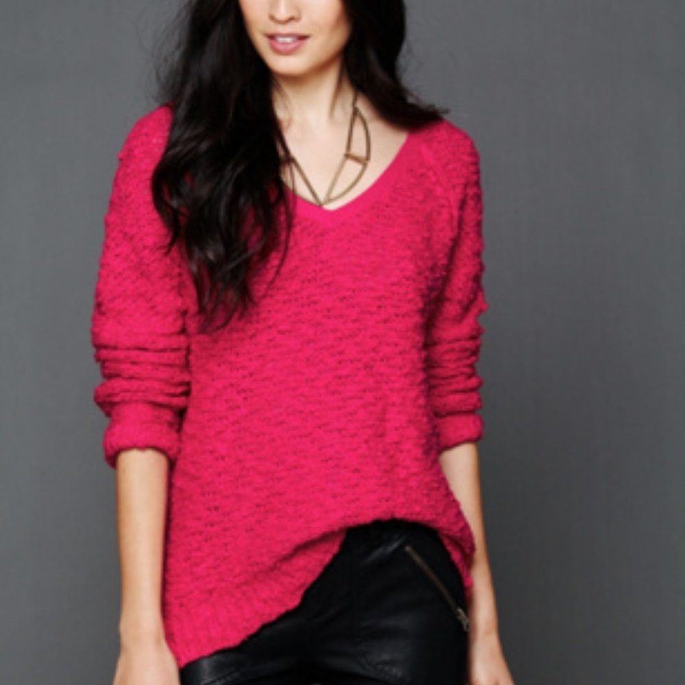 Free People Bright Pink V-Neck Textured Sweater
